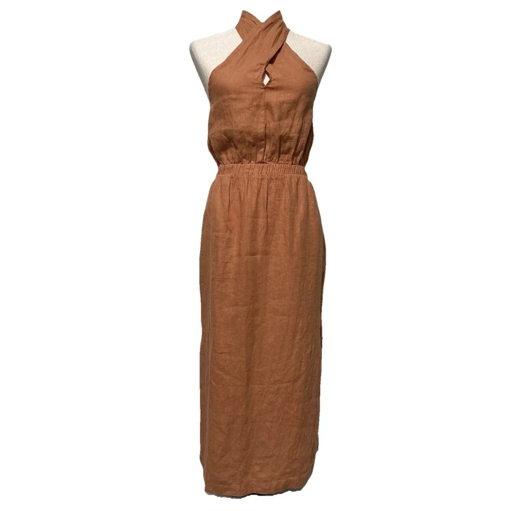 Anthropologie Cloth & Stone Linen Cross Halter Maxi Dress Size XS Orange Coastal - Picture 1 of 10